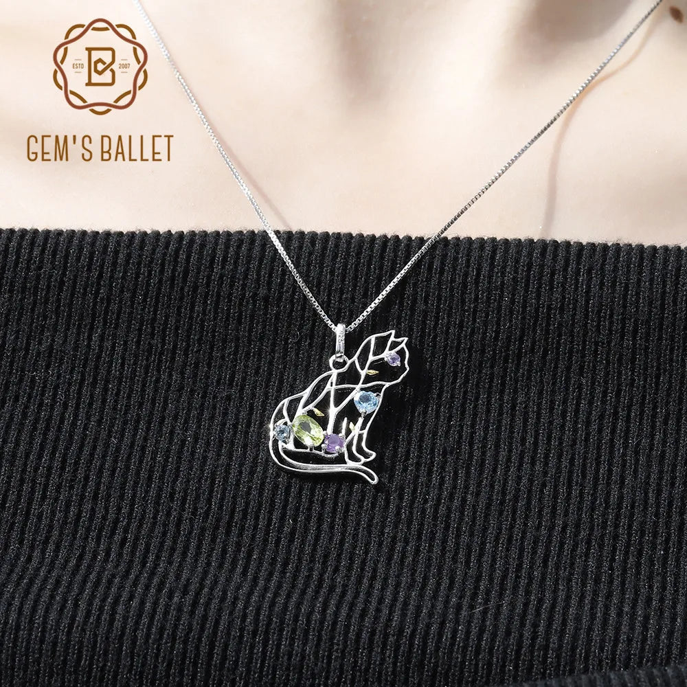 GEM'S BALLET 925 Sterling Silver Handmade Color Cat Pendant Necklace