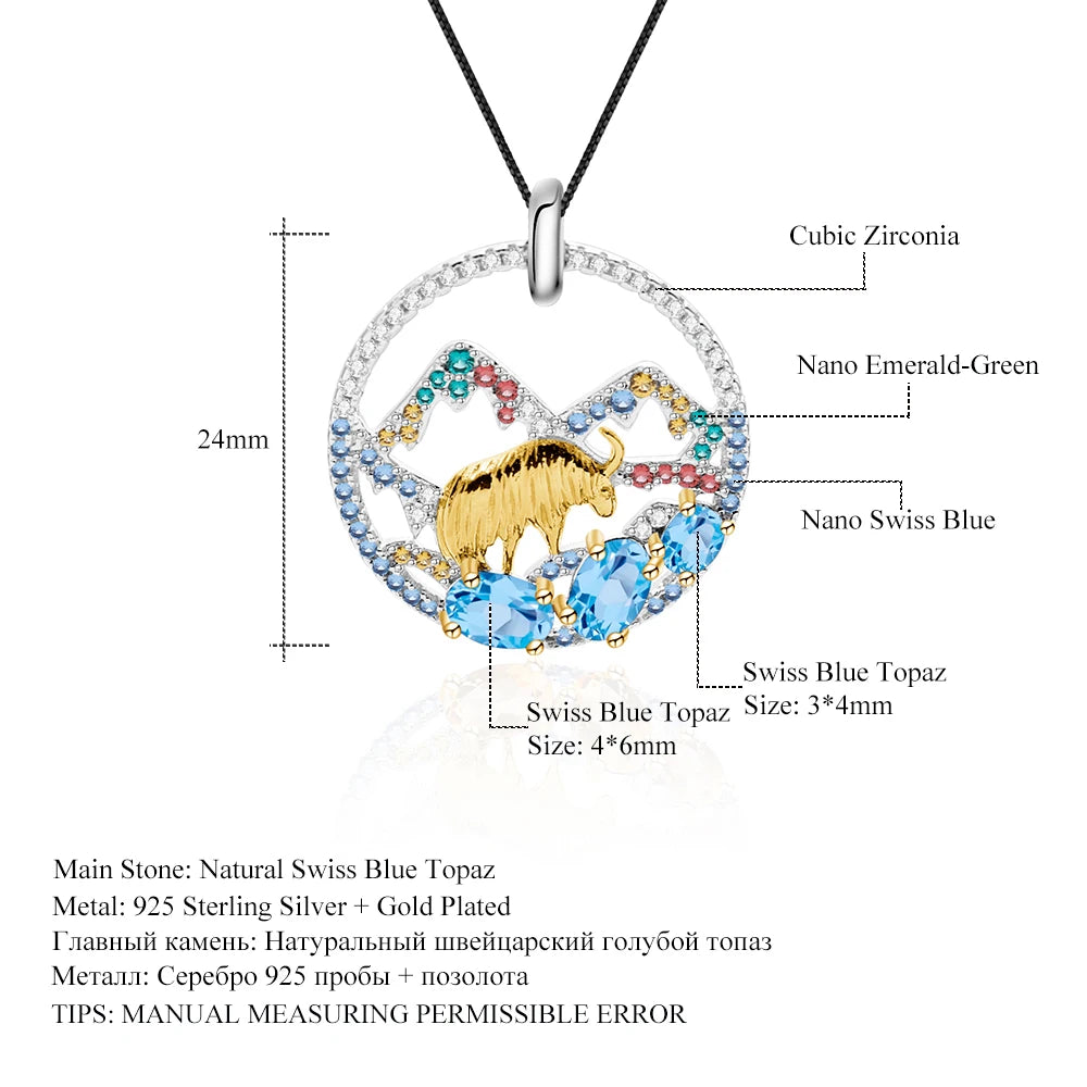 Natural Blue Topaz Golden Yak Pendant For Women 925 sterling Silver Snow Mountain Gemstone