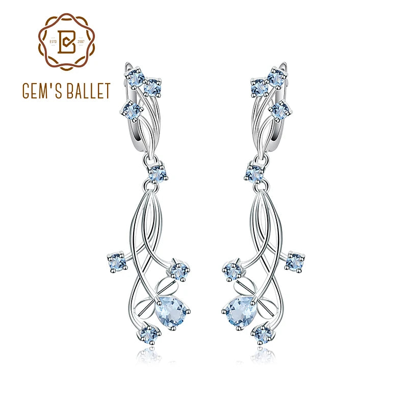 GEM'S BALLET Flower Design 3.89t Natural Sky Blue Topaz Gemstone Drop Earrings