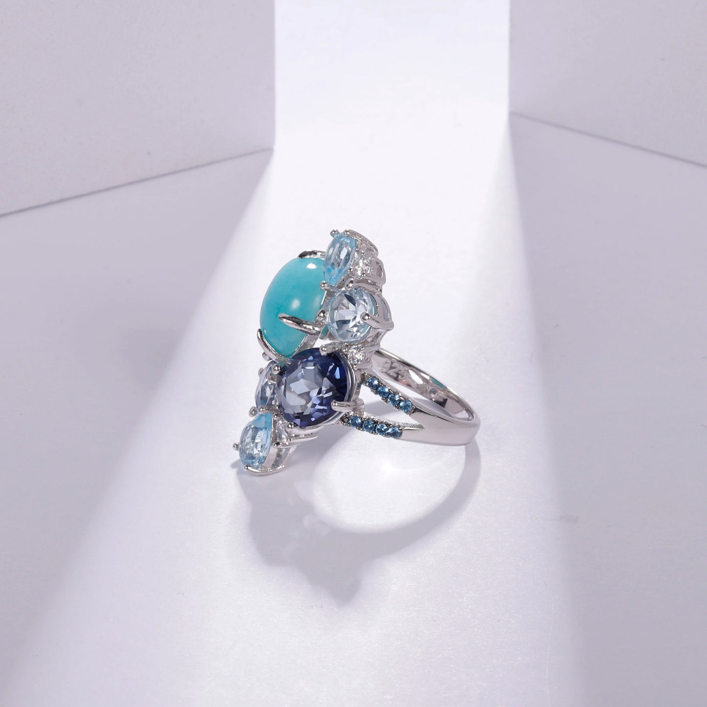 GEM'S BALLET 925 Sterling Silver Statement Rings Natural Amazonyte Blue Topaz Gemstone