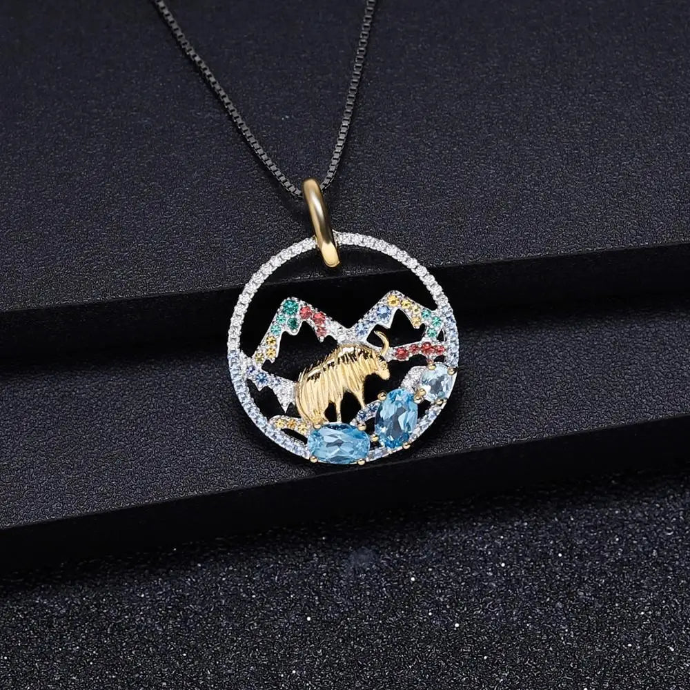 Natural Blue Topaz Golden Yak Pendant For Women 925 sterling Silver Snow Mountain Gemstone