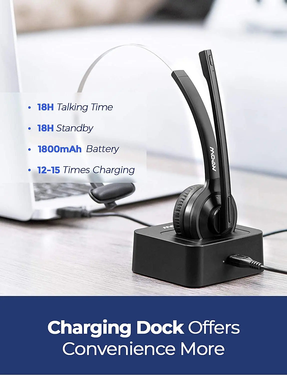 Mpow BH231 Office Bluetooth Headset with Charging Stand Dock