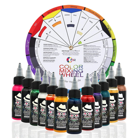 OPHIR 12 Color Airbrush Tattoo Inks with Color Wheel 30ML/Bottle Body Art Paint Colors for Temporary Tattoo Pigment