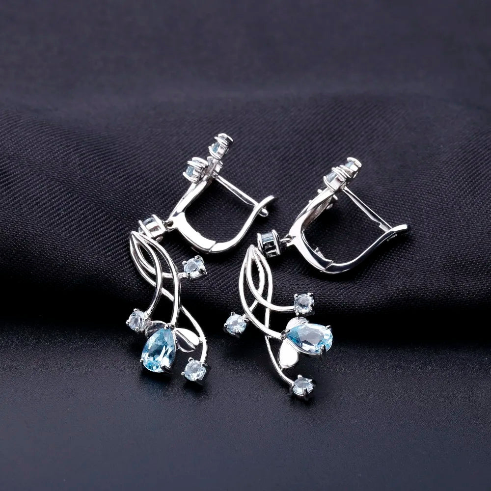 GEM'S BALLET Flower Design 3.89t Natural Sky Blue Topaz Gemstone Drop Earrings