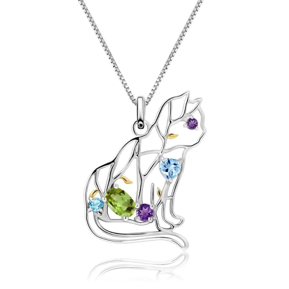 GEM'S BALLET 925 Sterling Silver Handmade Color Cat Pendant Necklace