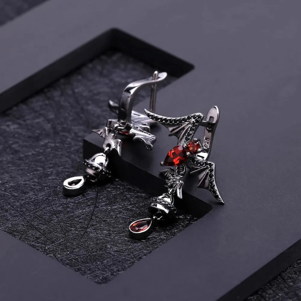 GEM'S BALLET Natural Garnet Gemstone Bat Earrings 925 Sterling Sliver Vintage Gothic Punk Drop Earrings