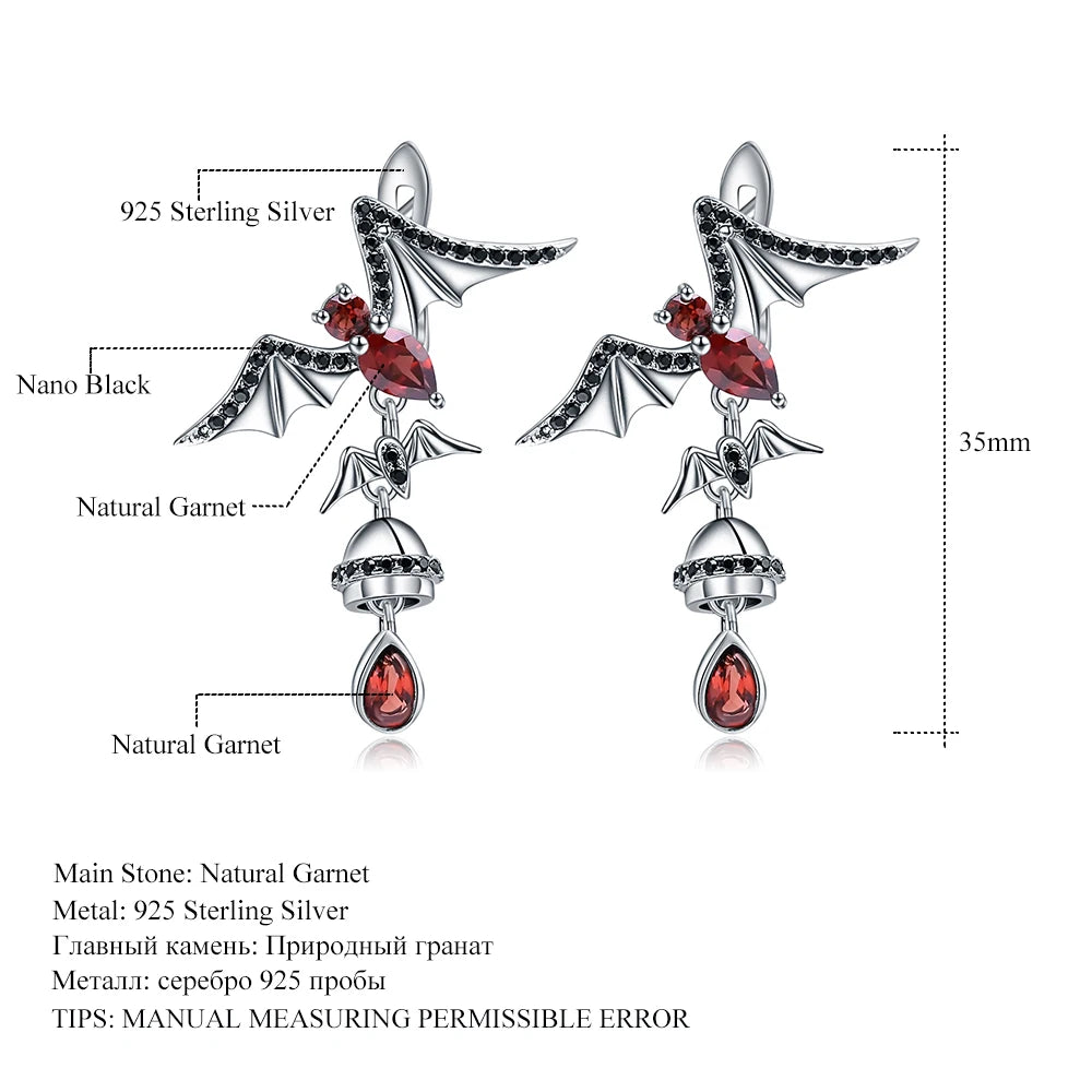 GEM'S BALLET Natural Garnet Gemstone Bat Earrings 925 Sterling Sliver Vintage Gothic Punk Drop Earrings