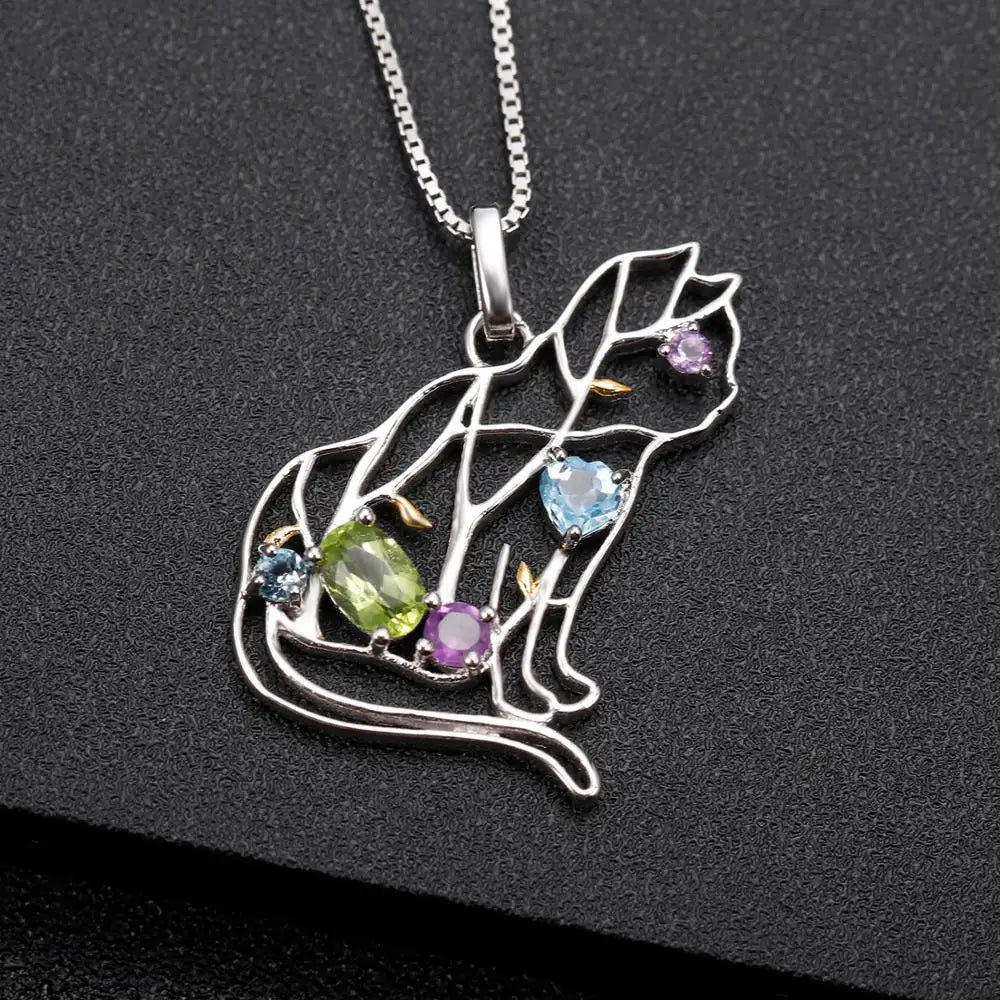 GEM'S BALLET 925 Sterling Silver Handmade Color Cat Pendant Necklace