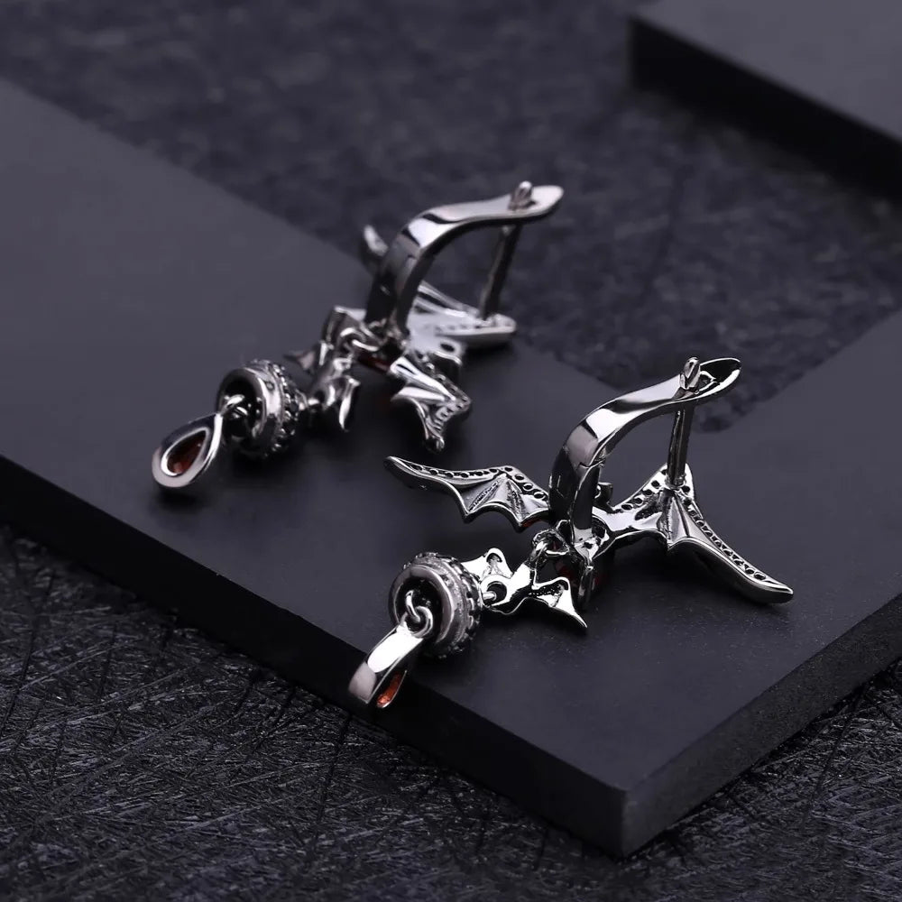 GEM'S BALLET Natural Garnet Gemstone Bat Earrings 925 Sterling Sliver Vintage Gothic Punk Drop Earrings