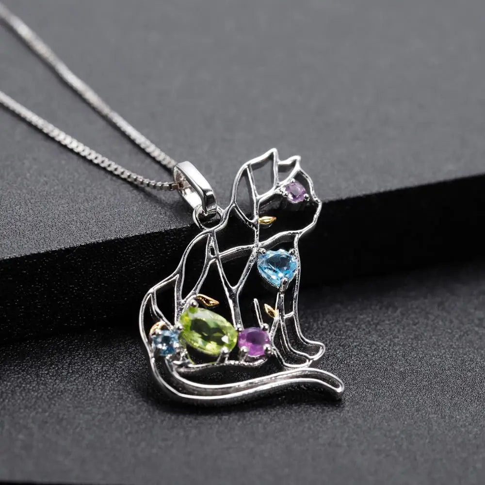 GEM'S BALLET 925 Sterling Silver Handmade Color Cat Pendant Necklace