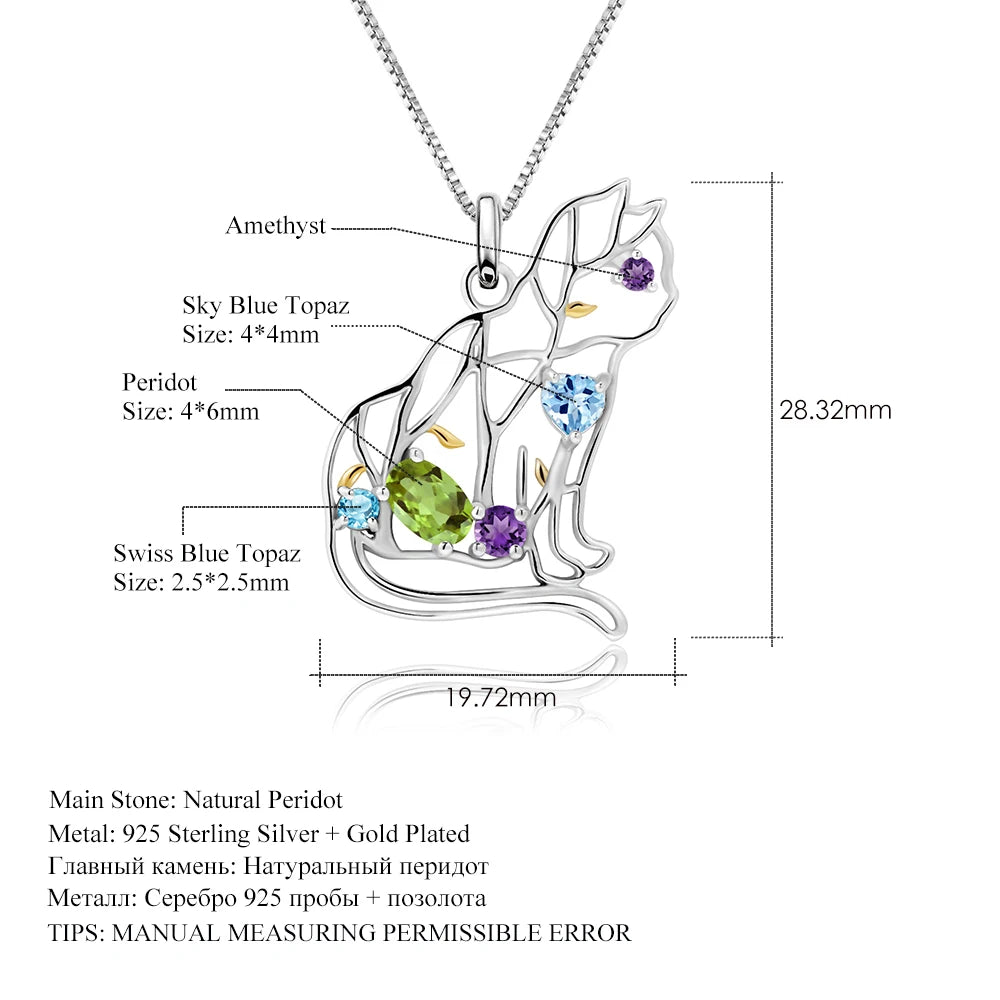 GEM'S BALLET 925 Sterling Silver Handmade Color Cat Pendant Necklace