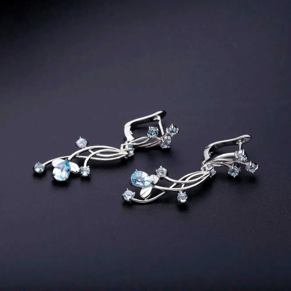 GEM'S BALLET Flower Design 3.89t Natural Sky Blue Topaz Gemstone Drop Earrings