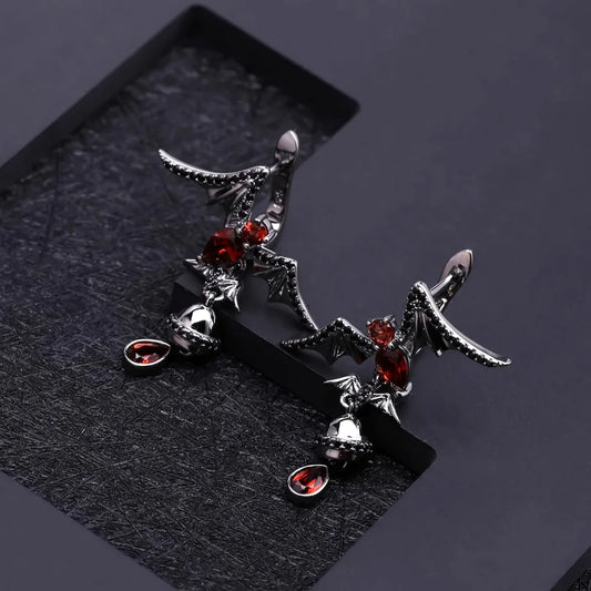 GEM'S BALLET Natural Garnet Gemstone Bat Earrings 925 Sterling Sliver Vintage Gothic Punk Drop Earrings