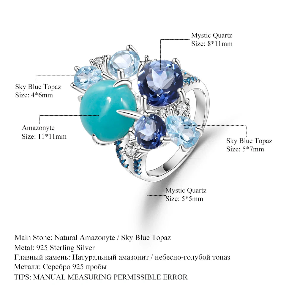 GEM'S BALLET 925 Sterling Silver Statement Rings Natural Amazonyte Blue Topaz Gemstone