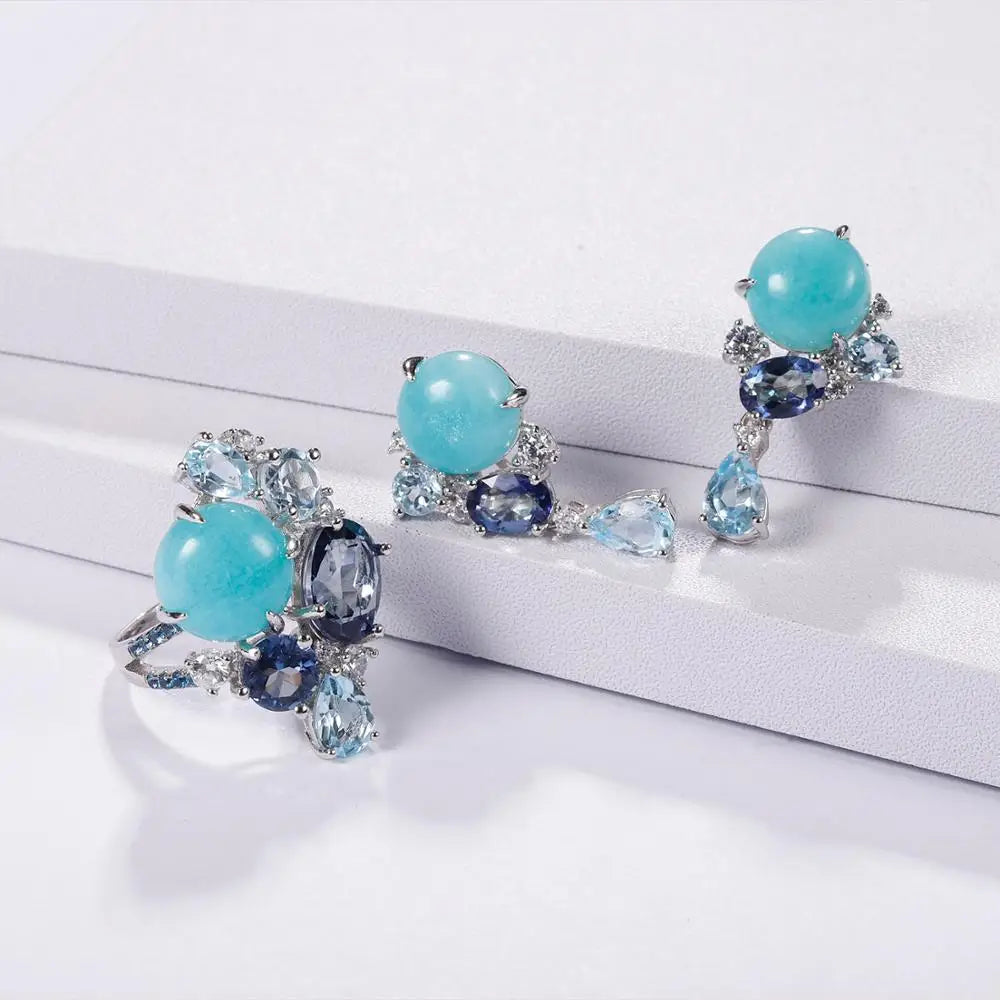 GEM'S BALLET 925 Sterling Silver Statement Rings Natural Amazonyte Blue Topaz Gemstone