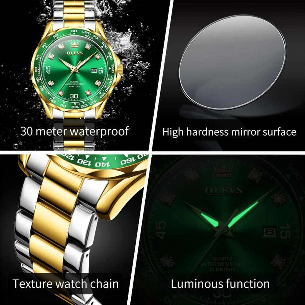 OLEVS 2024 New Original Quartz Watch for Men Fashion Green Water Ghost Waterproof Sports