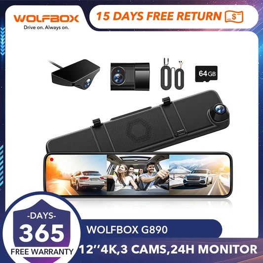 Wolfbox G890 3 Channel Mirror Dash Cam 12" Full HD Rear View Mirror Camera  Touch Screen Backup Camera