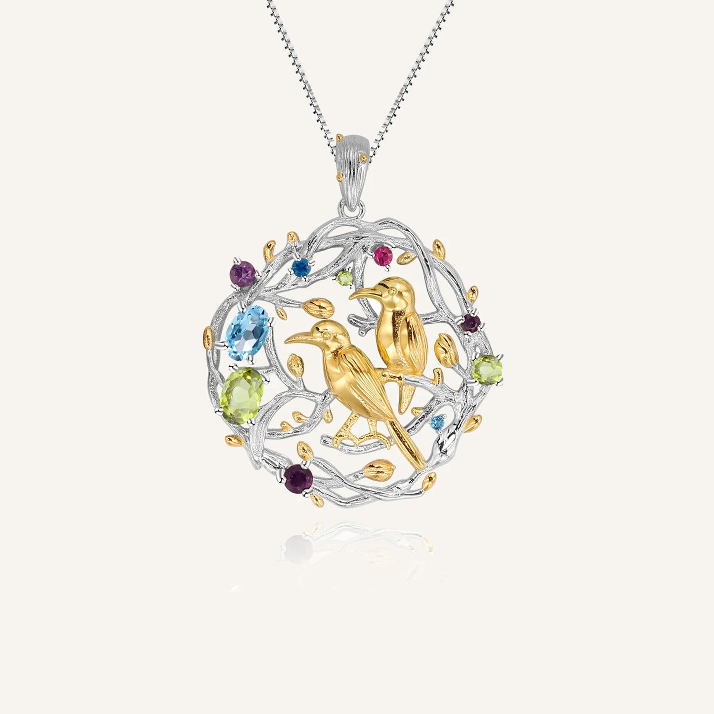 GEM'S BALLET 925 Sterling Silver Handmade Bird Branches Busy Garden Natural Multicolor Topaz Gemstones