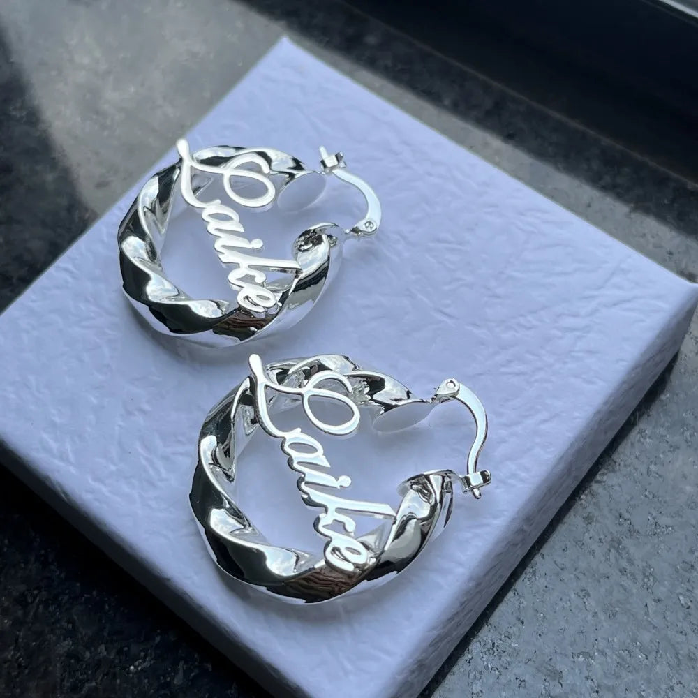 DUOYING Custom Nameplate Earrings Hoop Personalized Letter 30mm Twist Earring Stainless Steel