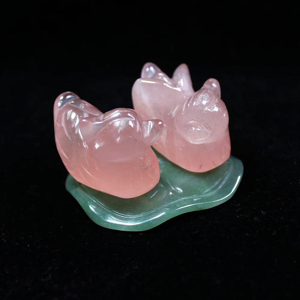 A Pair Natural Pink Rose Quartz Mandarin Duck Healing Hand Carved Stone