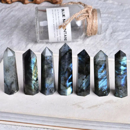 70-80mm Natural Labradorite Moonstone Column Quartz Crystal Point Wand Obelisk