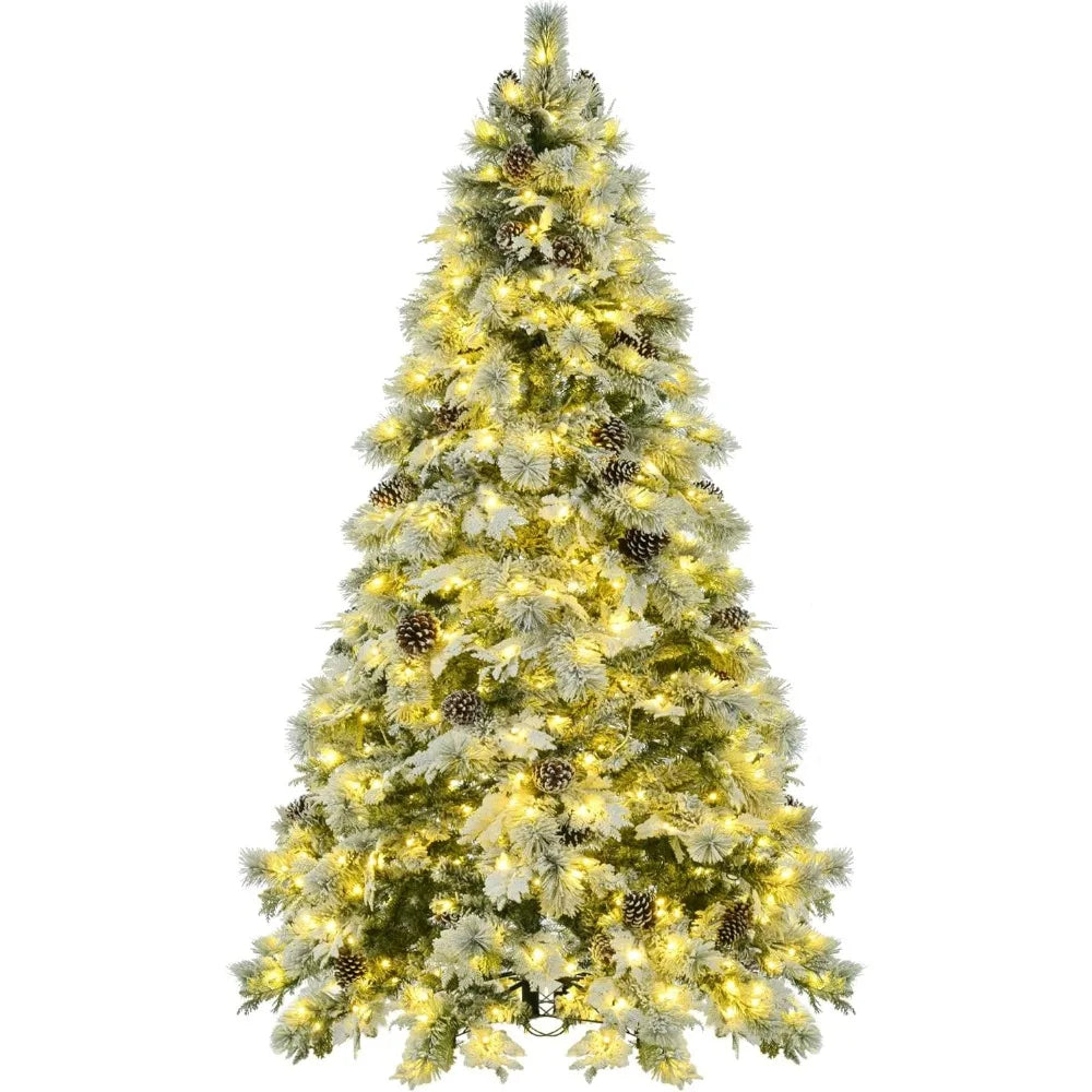 Christmas Tree Pre-Lit Spruce Snow 7.5FT with Pine Cones, Xmas Tree with 745 Branch Tips 450 Multi-Color LED Lights, 11 Flashing