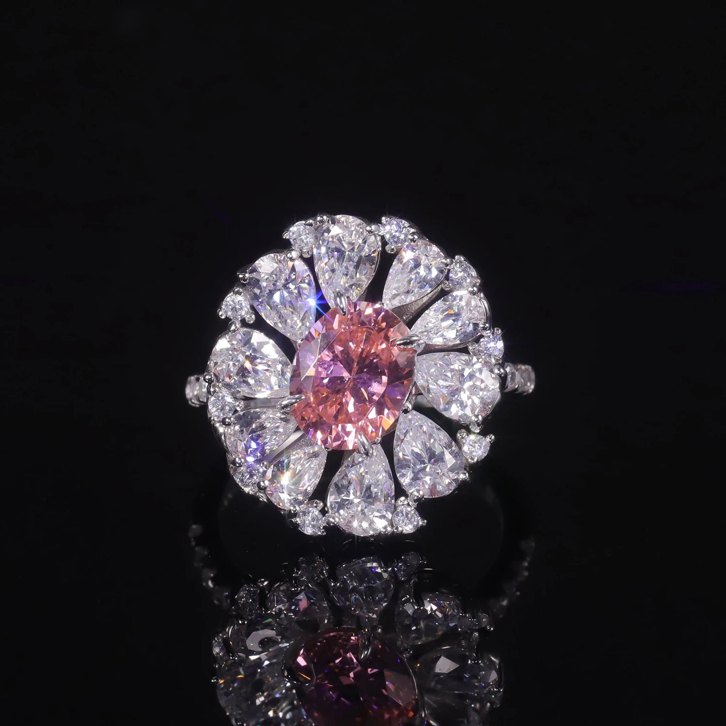 GEM'S BALLET 925 Sterling Silver Diamond-fire CZ- Padparadscha Pink Art Deco Ring Gemstone Handmade