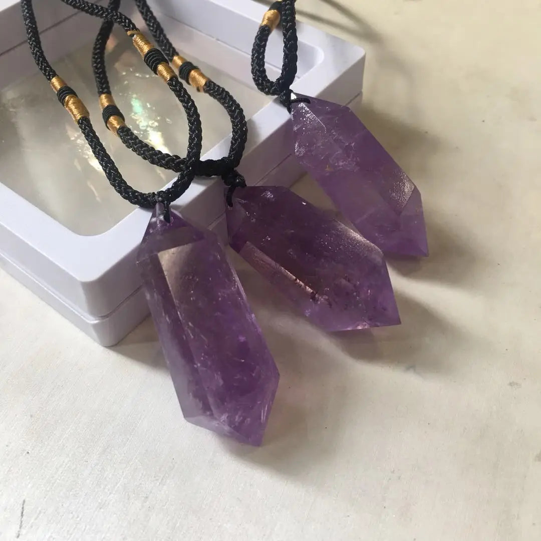 Natural Purple Brazilian Amethyst Quartz Pendant Crystal Carving Point Wand Pendulum