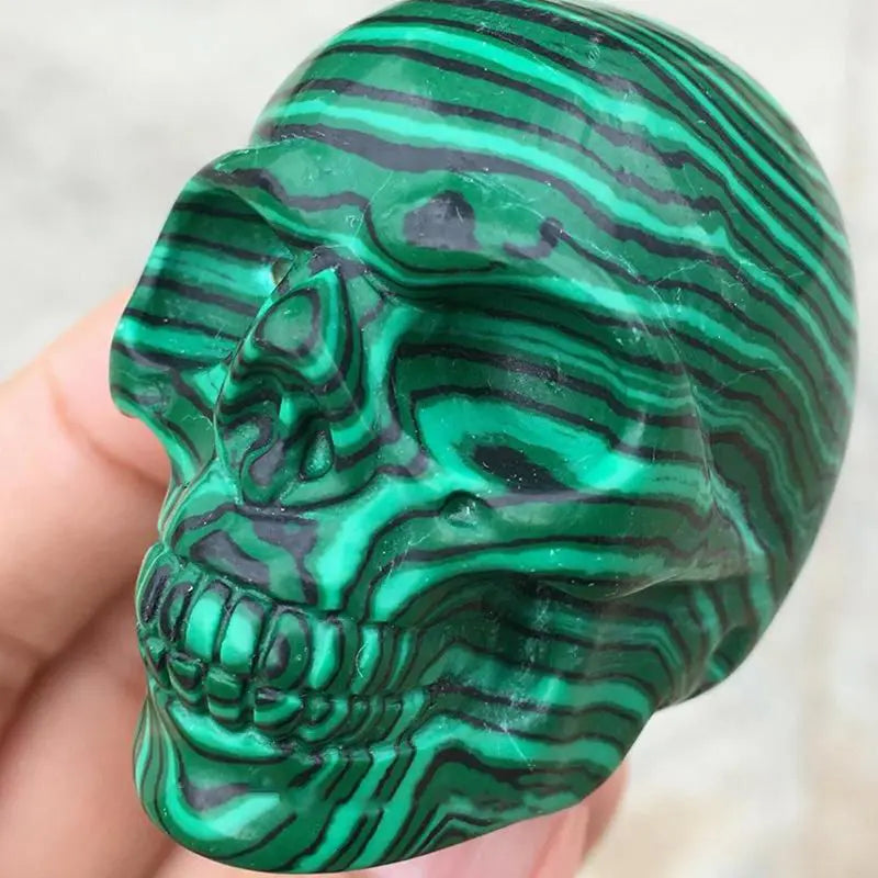 2" Natural Malachite Stone Crystal Ghost Skull Carved Sculpture Halloween Skeleton