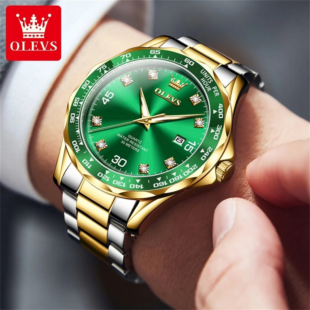 OLEVS 2024 New Original Quartz Watch for Men Fashion Green Water Ghost Waterproof Sports