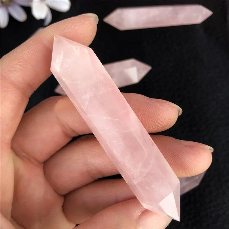 70-80mm Natural Pink Rose Quartz Crystal Point Hexagonal Wand Obelisk