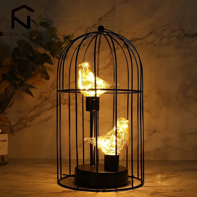 Creative Birdcage Iron Hollow Table Lamps Warm Light Vintage Candle Holder