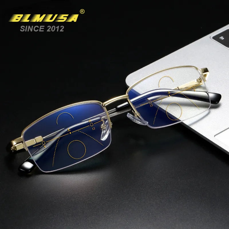 BLMUSA High Quality Progressive Multifocal Reading Glasses Men Titanium Anti Blue Light Glasses Women