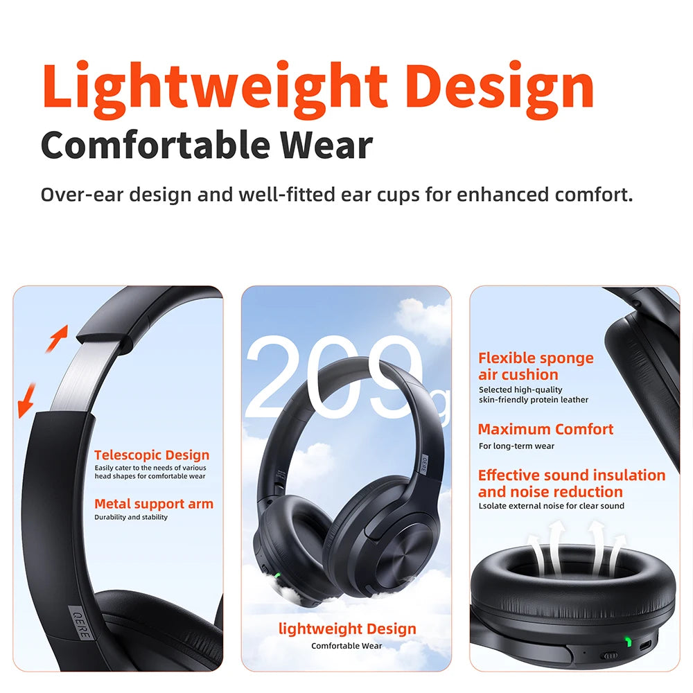 Wireless headphones QERE E80 Earphone bluetooth 5.3 ANC Noise Cancellation Hi-Res Audio Over the Ear Headset