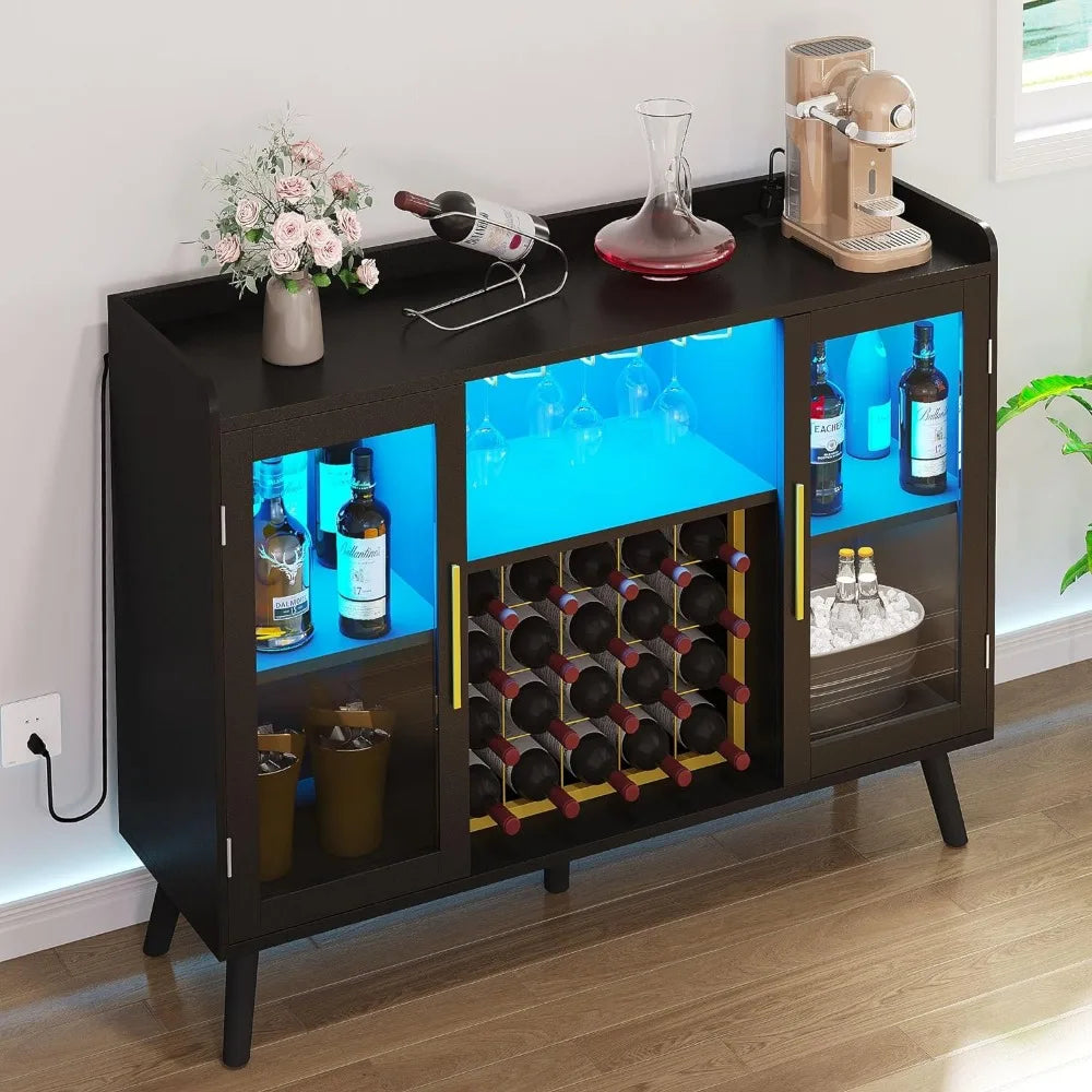 Wine Rack Wine Bar Cabinet With Led Lights & Power Outlets 53" Coffee Bar Cabinet