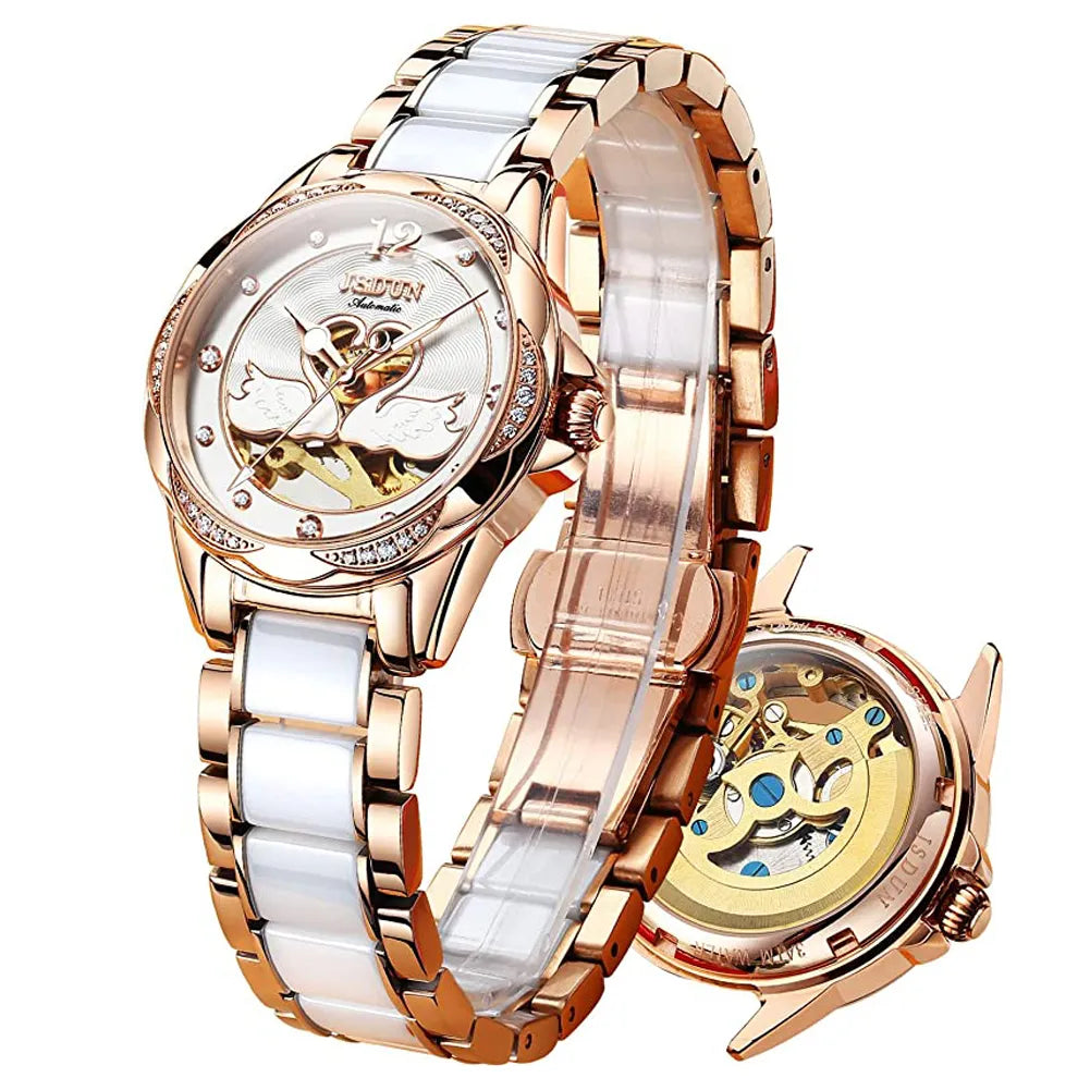 Luxury Mechanical Women Watch Love Swan Design Skeleton Elegant Ceramics Strap Waterproof