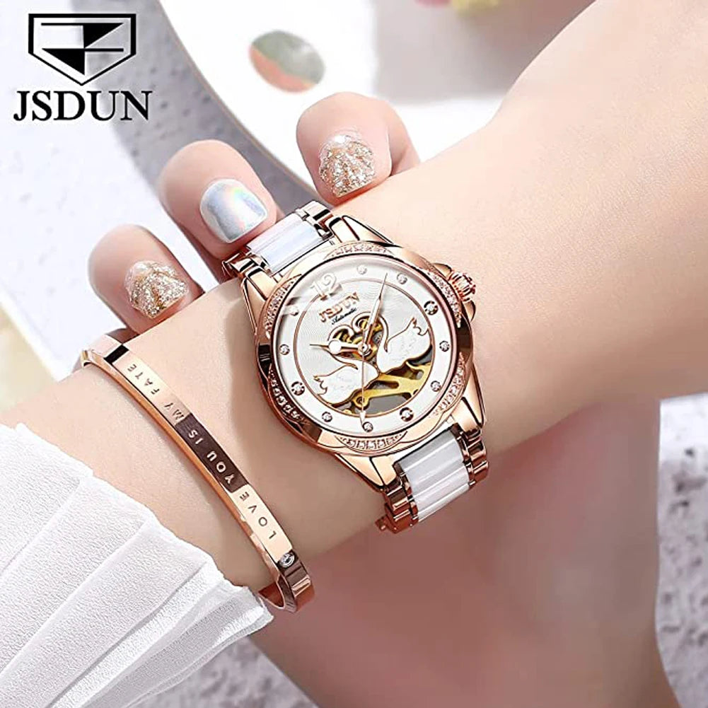 Luxury Mechanical Women Watch Love Swan Design Skeleton Elegant Ceramics Strap Waterproof