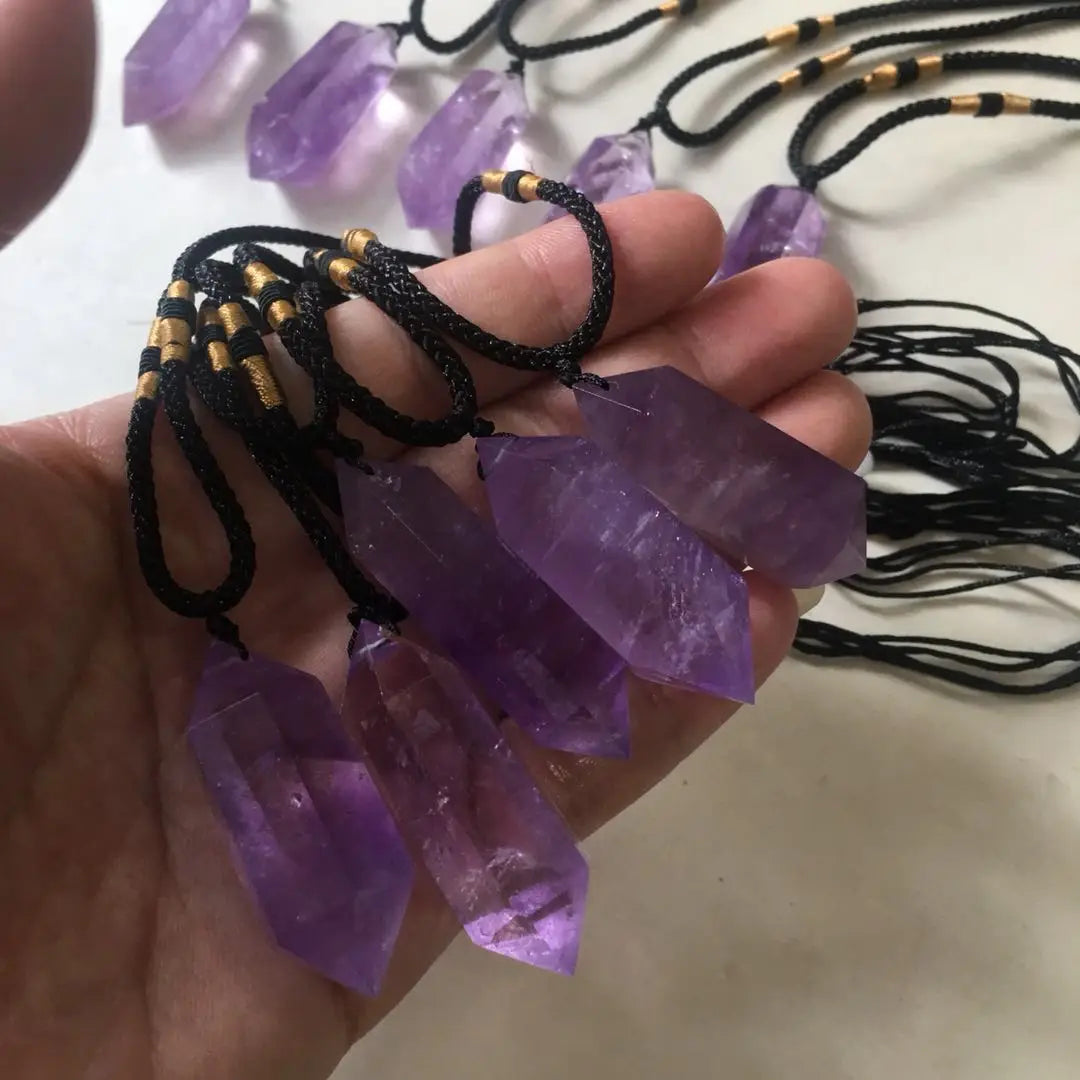 Natural Purple Brazilian Amethyst Quartz Pendant Crystal Carving Point Wand Pendulum