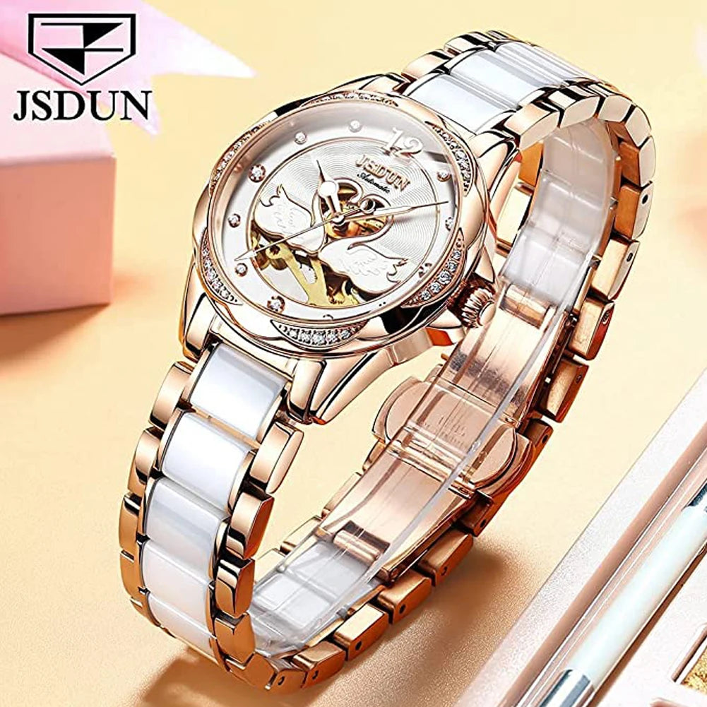 Luxury Mechanical Women Watch Love Swan Design Skeleton Elegant Ceramics Strap Waterproof