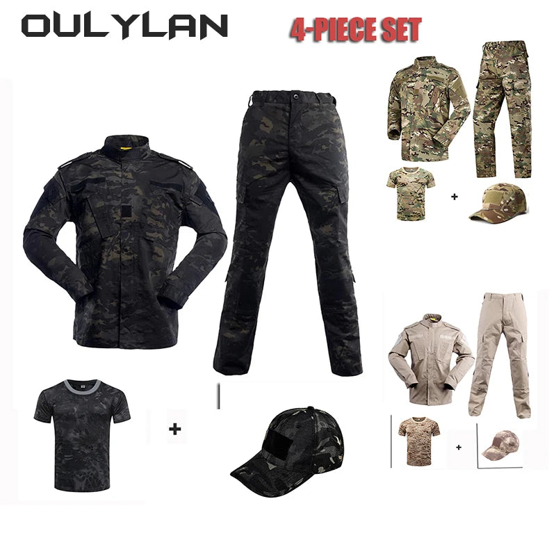 NEW Tactical Cartoon Camouflage Suit Men Coat T-shirt Pants Hat Set Spring Autumn Outdoor Windbreak Training Clothing Set