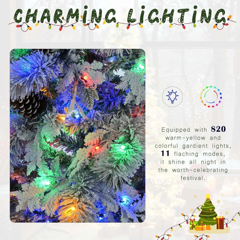 Christmas Tree Pre-Lit Spruce Snow 7.5FT with Pine Cones, Xmas Tree with 745 Branch Tips 450 Multi-Color LED Lights, 11 Flashing