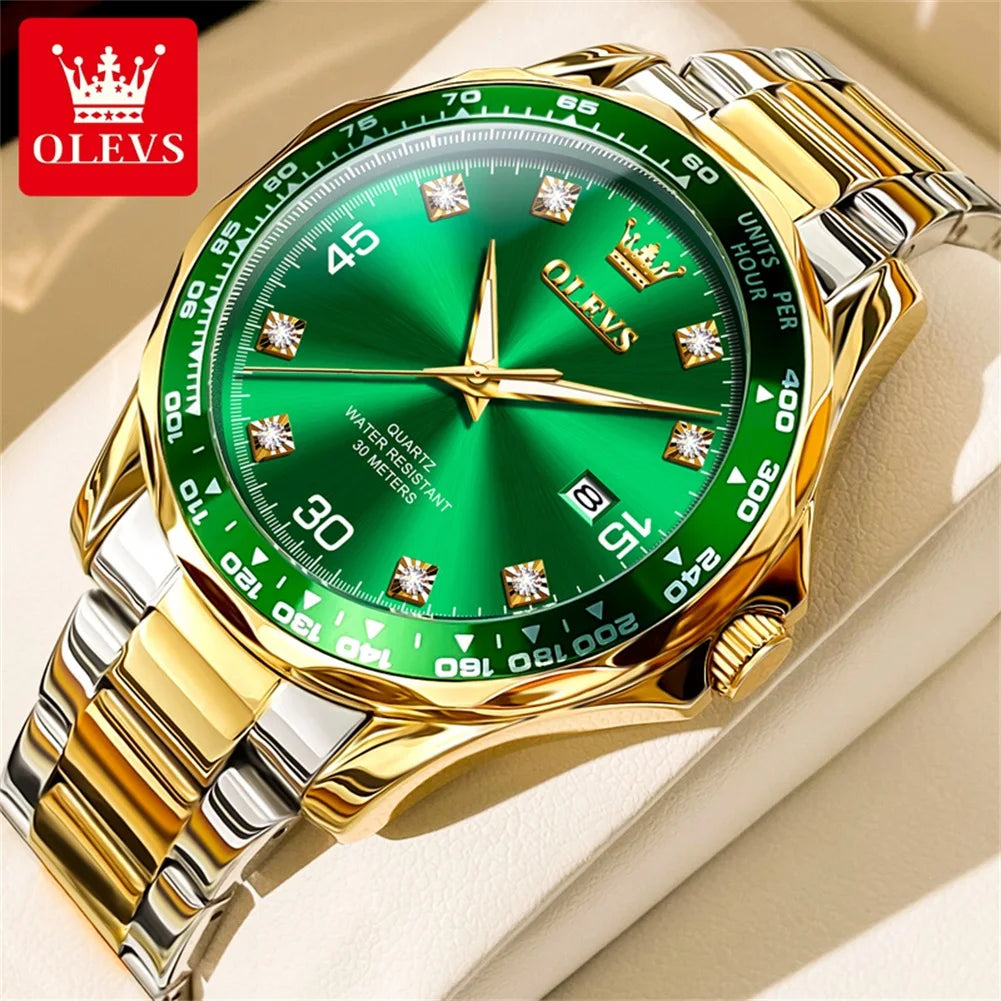 OLEVS 2024 New Original Quartz Watch for Men Fashion Green Water Ghost Waterproof Sports