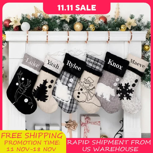 Personalized Black and White Christmas Stockings Set 6 Custom Name Xmas Stockings 2024 New Decoration with Pattern 20" Large