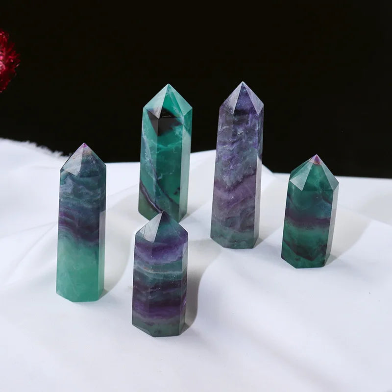 50-80mm Natural Colorful Striped Fluorite Quartz Crystal Point Obelisk