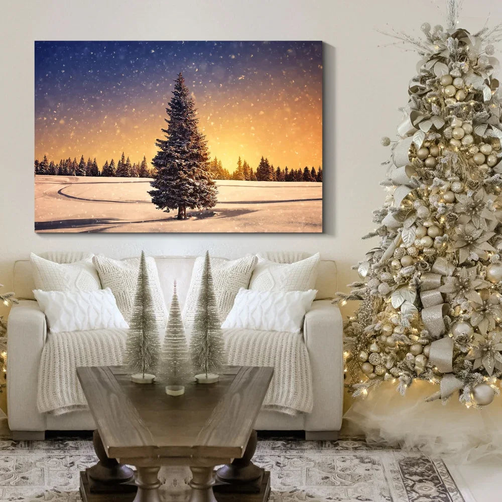 Framed Canvas Wall Art Decor Painting for Chrismas, Bedroom Decor Chrismas Tree in Dawn Chrismas Gift Painting