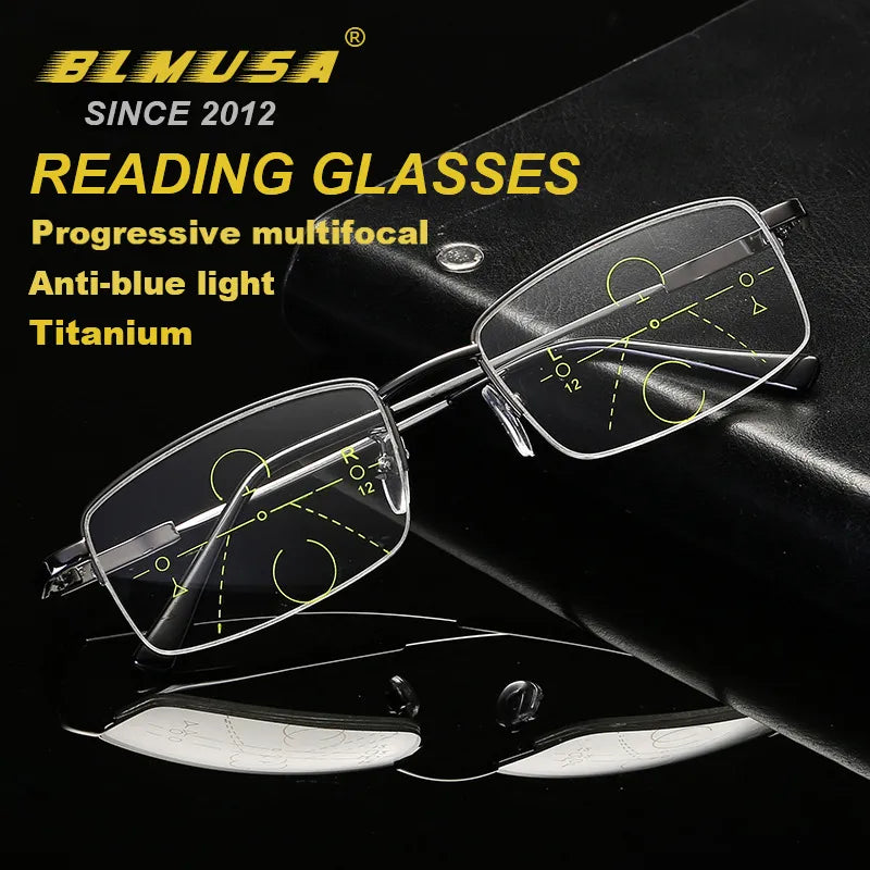 BLMUSA High Quality Progressive Multifocal Reading Glasses Men Titanium Anti Blue Light Glasses Women