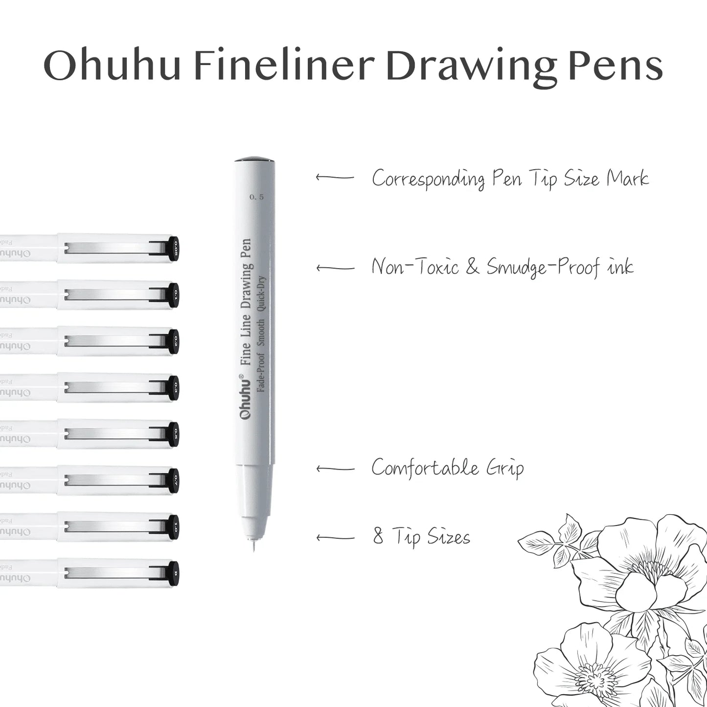 Ohuhu Micro Pen Fineliner Drawing Pens 8 Pack Line Pens Art Colored Pens Fine Point Markers Waterproof