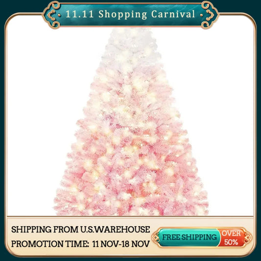 Artificial Christmas Tree Pre-lit with 820 Branch Tips, 250 Incandescent Lights & Foldable Stand, Flocked Prelighted Xmas Tree