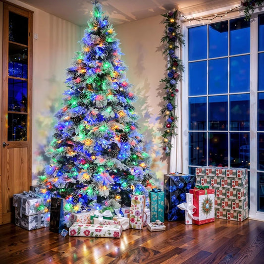 Christmas Tree Pre-Lit Spruce Snow 7.5FT with Pine Cones, Xmas Tree with 745 Branch Tips 450 Multi-Color LED Lights, 11 Flashing