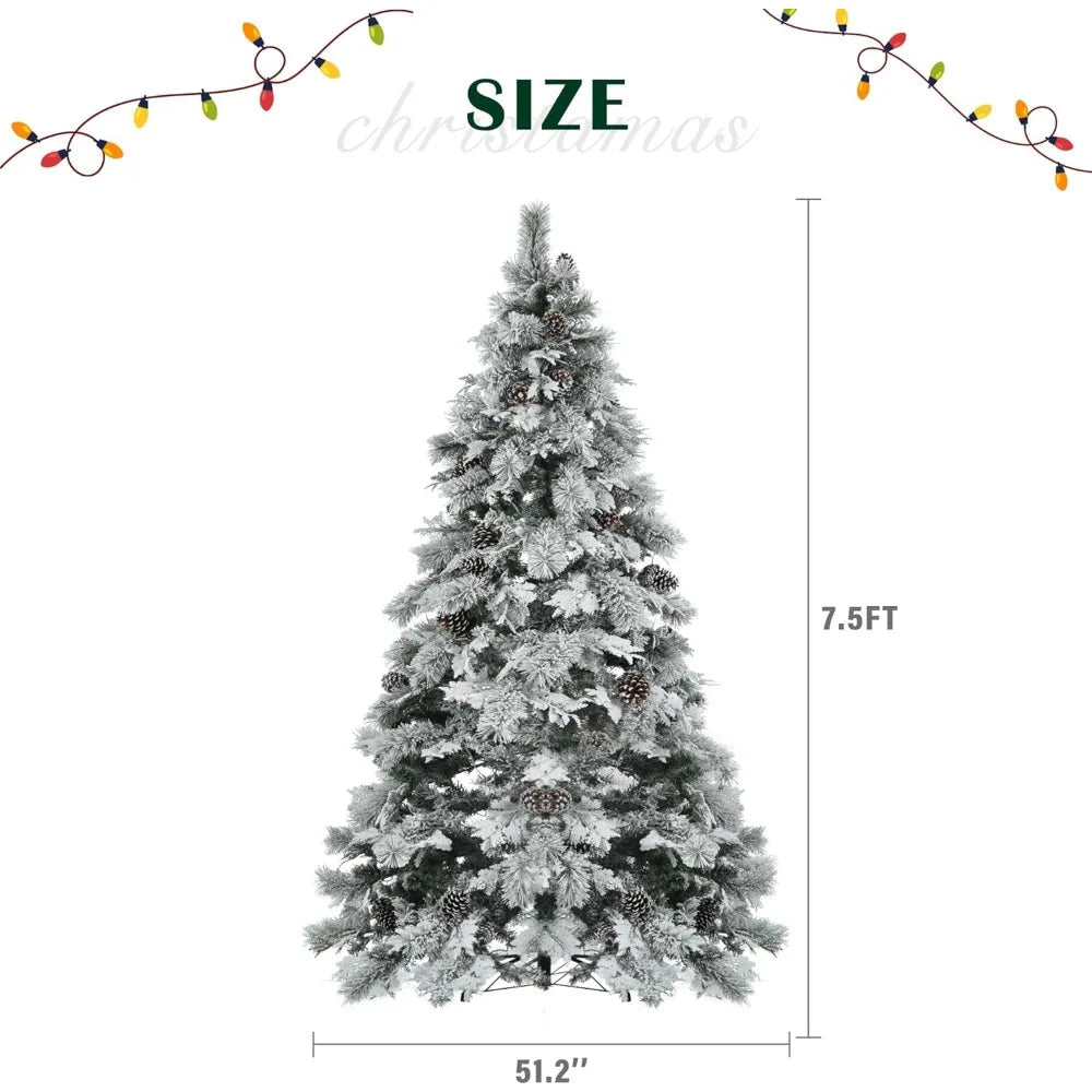 Christmas Tree Pre-Lit Spruce Snow 7.5FT with Pine Cones, Xmas Tree with 745 Branch Tips 450 Multi-Color LED Lights, 11 Flashing